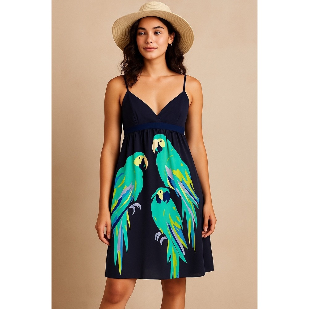 Amanda Uprichard Silk Parrot Print‎ Dress Navy Multicolor 100% Silk Size M